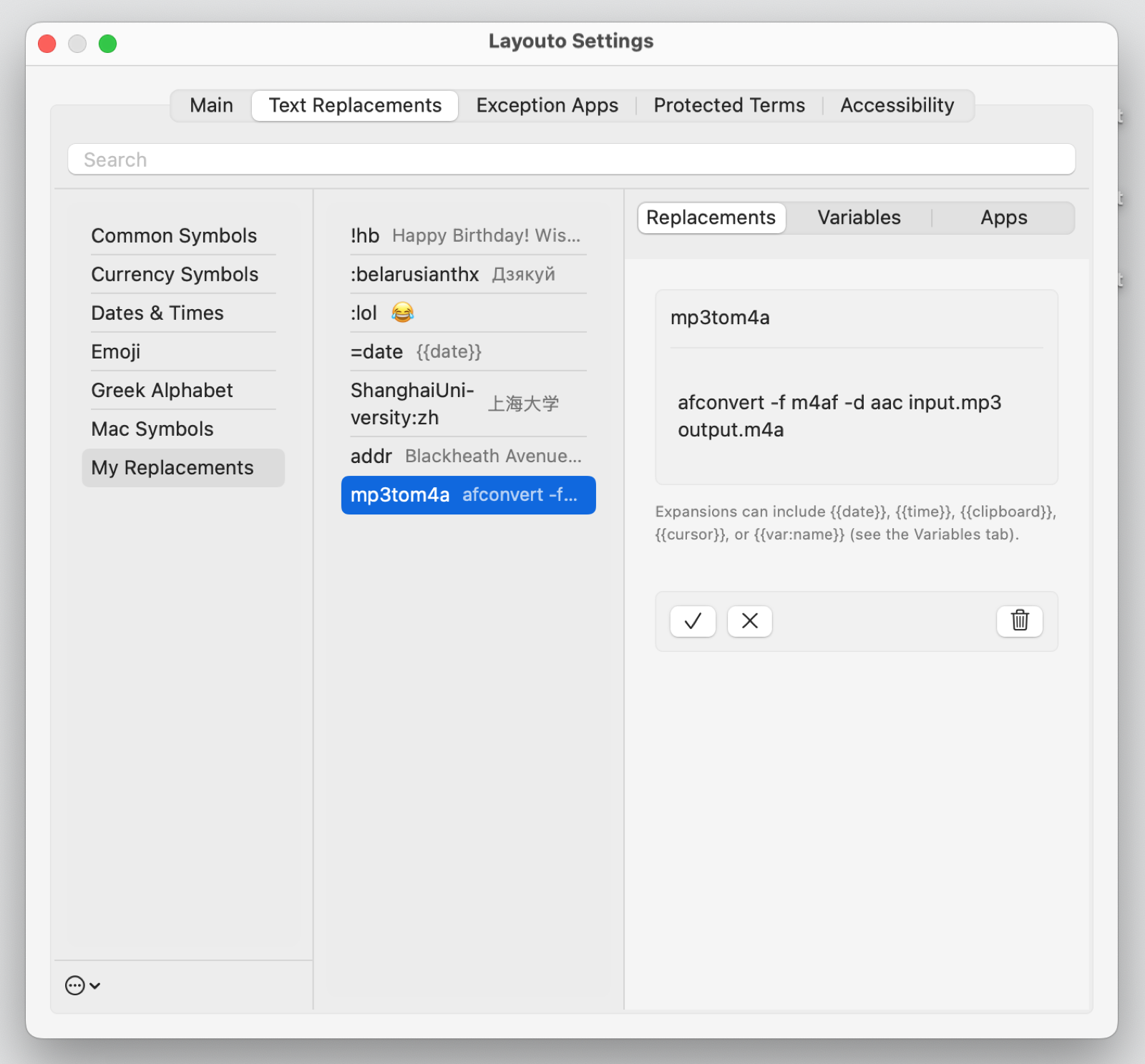 Layouto Settings, Text Replacements tab: sets on the left, replacements in the middle, editor on the right